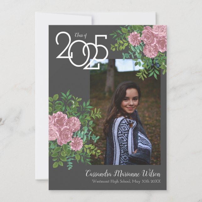 Pink Rose Grey Photo Graduation Announcement (Front)
