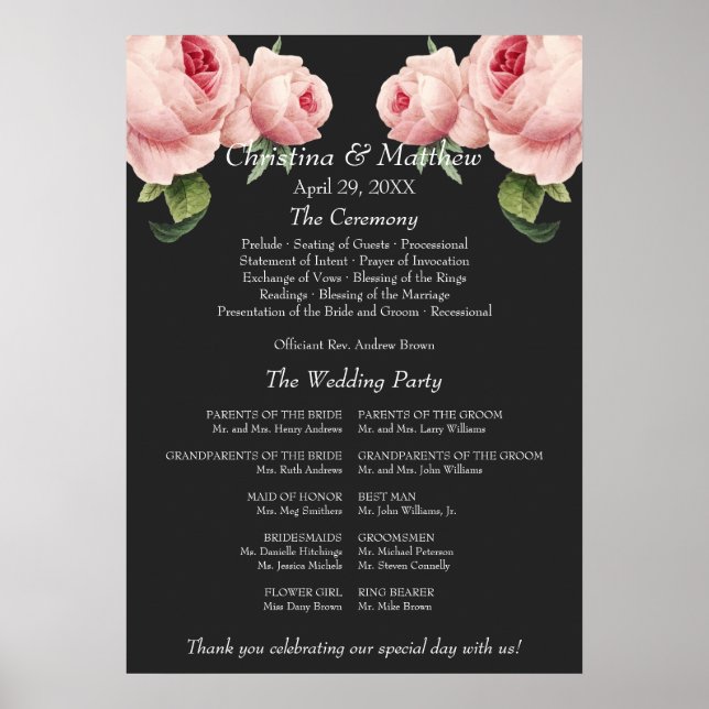 Pink Rose grey vintage Wedding Ceremony Program Poster (Front)