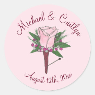 Pink Rose Groom Boutonniere Wedding Save the Date Classic Round Sticker