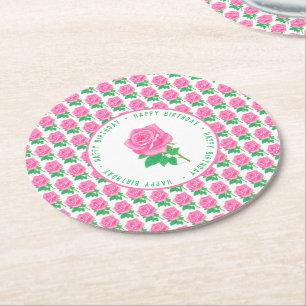 Pink Rose Happy Birthday Round Paper Coaster