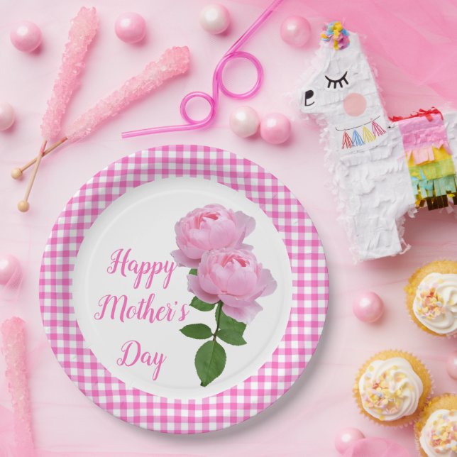 Pink Rose Happy Mother's Day Floral Paper Plate (Party)