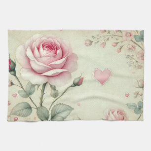 Pink rose heart floral vintage pastel watercolor  kitchen towel