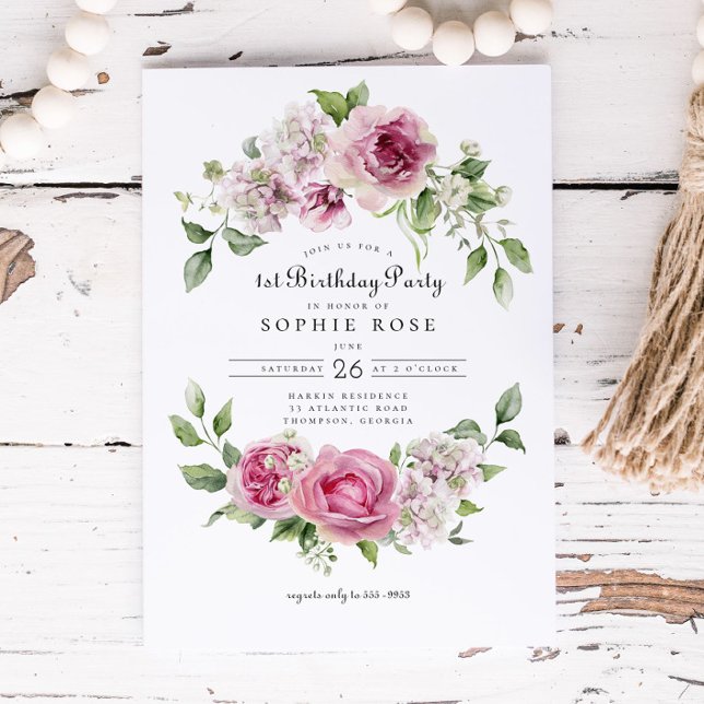 Pink Rose Hydrangea Floral Arch 1st Birthday Party Invitation (Creator Uploaded)