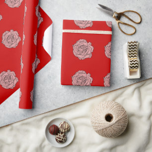 Pink rose illustration on red background wrapping paper
