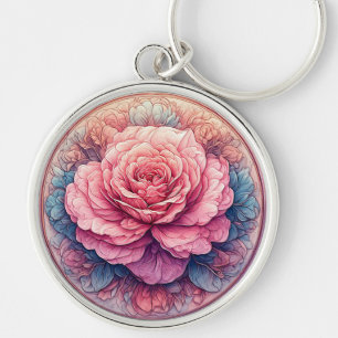 Pink Rose in Bloom Surrounded by Ornate Details Keychain