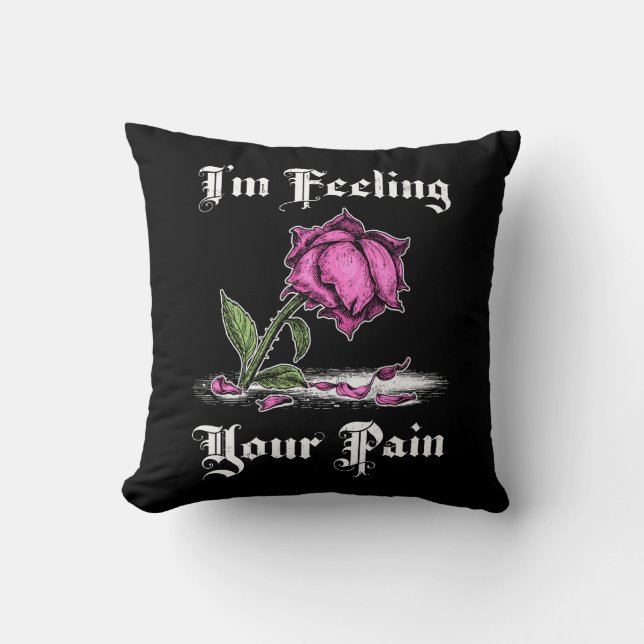 Pink Rose in Despair White Text Throw Pillow (Front)