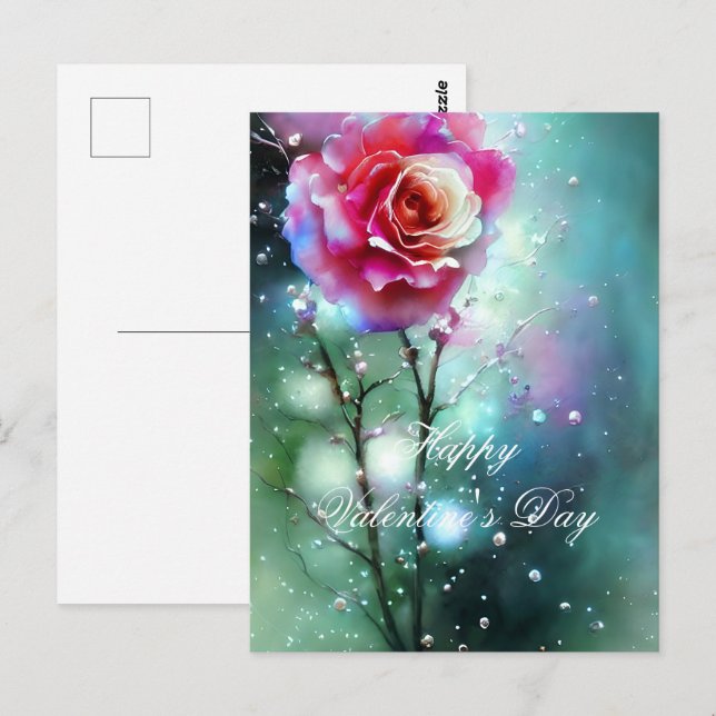 Pink rose in rain valentine postcard (Front/Back)
