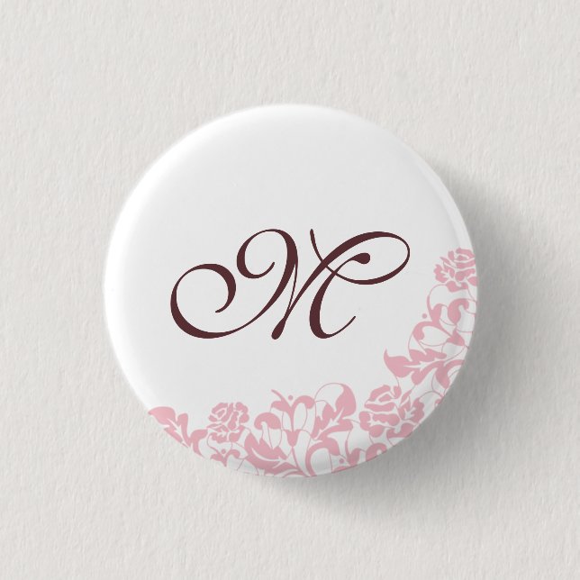 Pink Rose Lace Initial Script Monogram 1 Inch Round Button (Front)