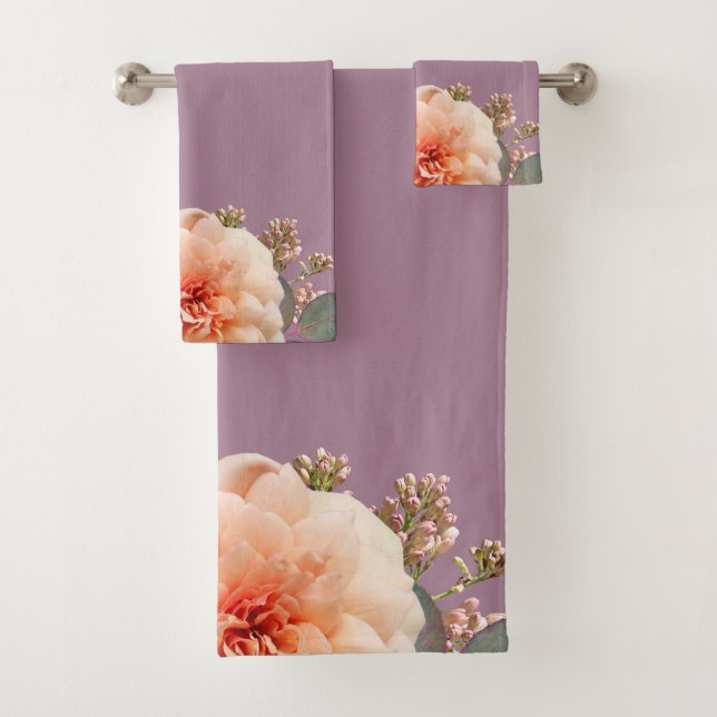Pink Rose Lilac Buds On Pink Background Bath Towel Set (Insitu)
