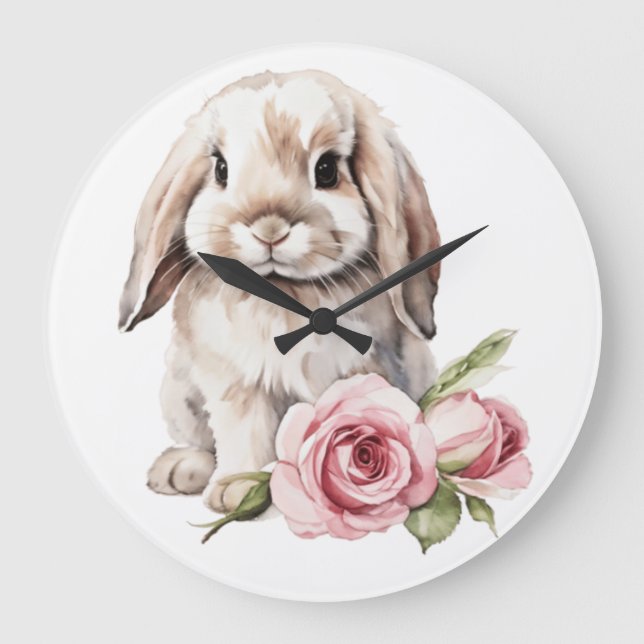 Pink rose Lop Eared Bunny Rabbit Large Clock (Front)