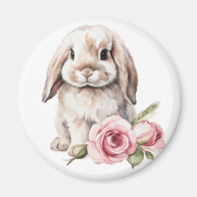 Pink rose Lop Eared Bunny Rabbit Magnet (Front)