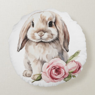 Pink rose Lop Eared Bunny Rabbit Round Pillow