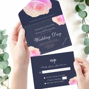 Pink Rose Navy Blue Floral Wedding  All In One Invitation