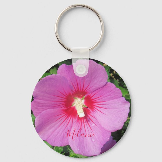 Pink Rose of Sharon Waterdrops Petals Name Keychain (Front)