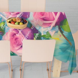 Pink Rose Oil Painting Bold Colourful Background Tablecloth