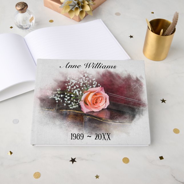 Pink Rose on Antique Violin for Memorial Service Guest Book (Front Open)