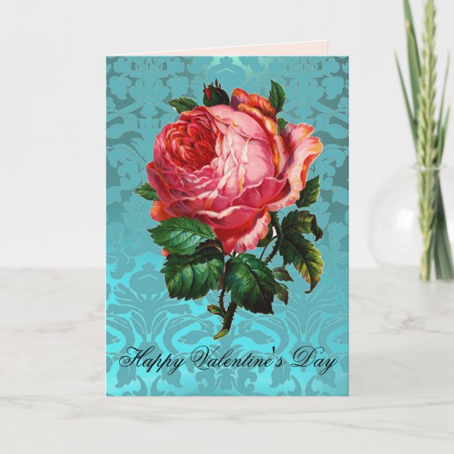PINK ROSE ON AQUA BLUE DAMASK Valentine's Day Holiday Card (Front)