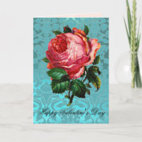 PINK ROSE ON AQUA BLUE DAMASK Valentine's Day