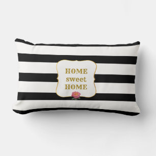 Pink Rose on Black and White Striped Lumbar Pillow