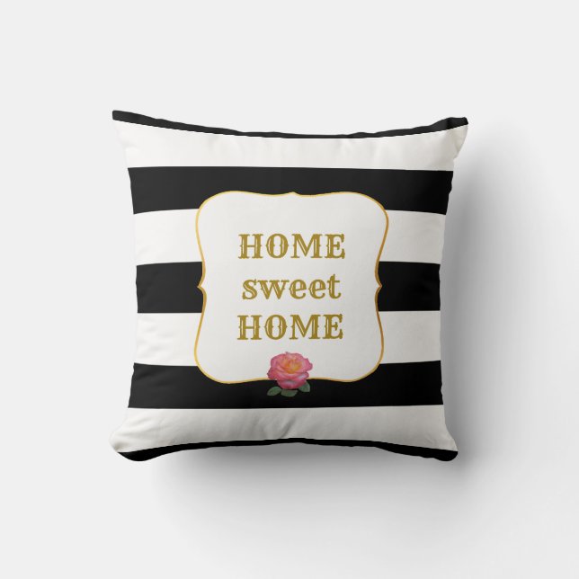 Pink Rose on Black and White Striped Throw Pillow (Front)