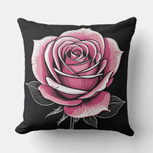 Pink Rose on Black Throw Pillow