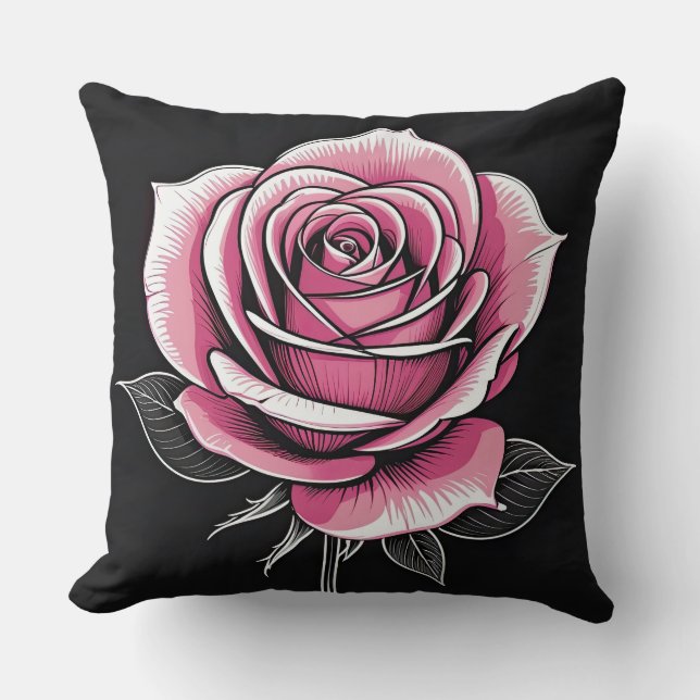 Pink Rose on Black Throw Pillow (Front)