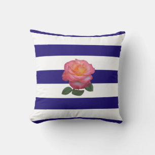 Pink Rose on Navy Blue and White Striped Throw Pil Pillow