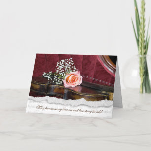 pink rose on old violin sympathy card