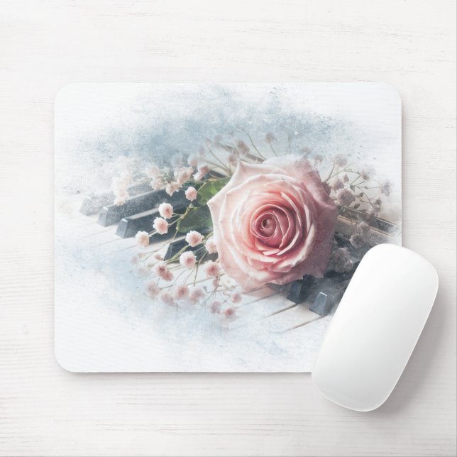 Pink Rose On Piano Keys Mouse Pad (With Mouse)