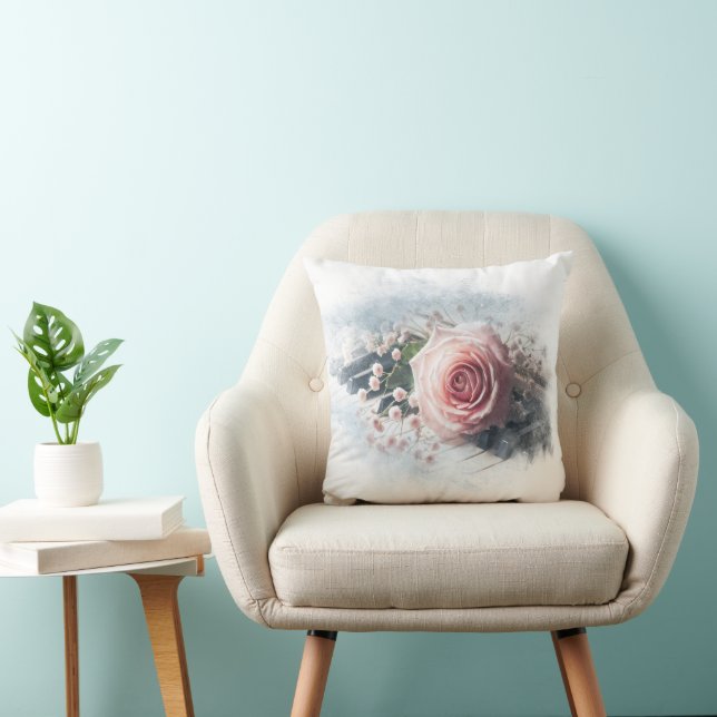 Pink Rose On Piano Keys Throw Pillow (Chair)