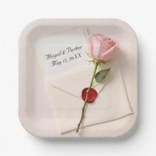Pink Rose On Wedding Stationery With Wax Seal Paper Plate