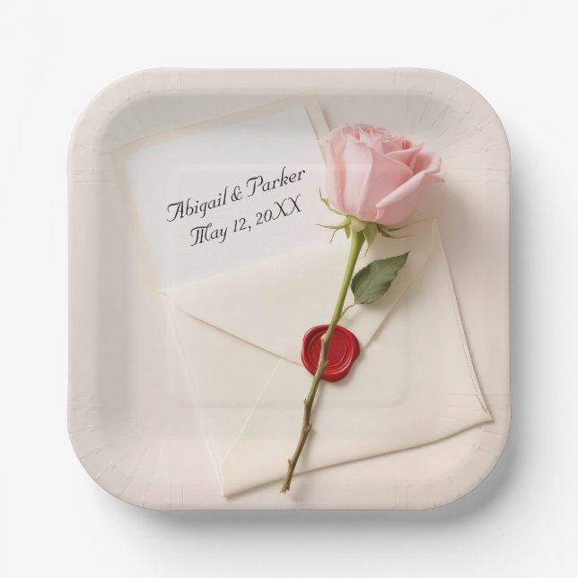 Pink Rose On Wedding Stationery With Wax Seal Paper Plate (Front)