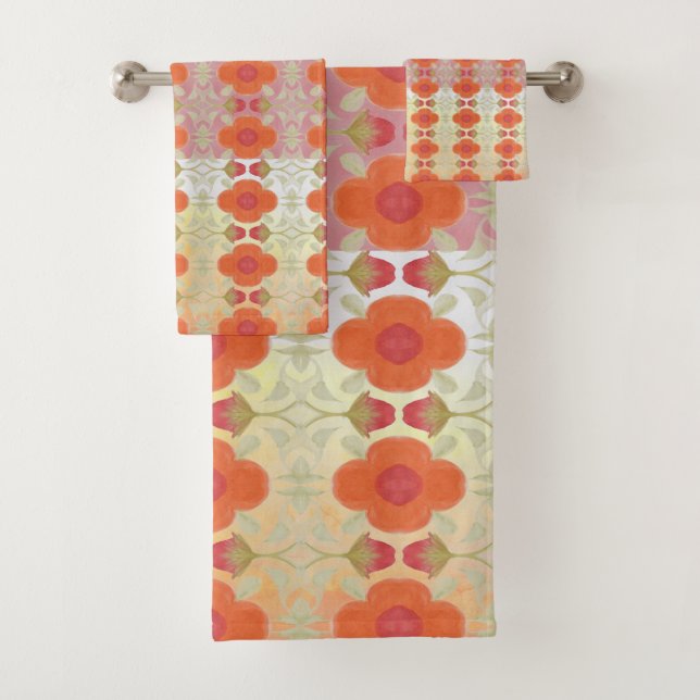 Pink Rose Orange and Green Bath Towel Set (Insitu)