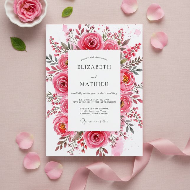 Pink Rose Painterly Romance Wedding Invitation (Creator Uploaded)