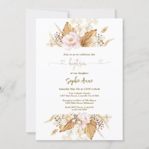Pink Rose Pampas Grass Palm Calligraphy Baptism Invitation
