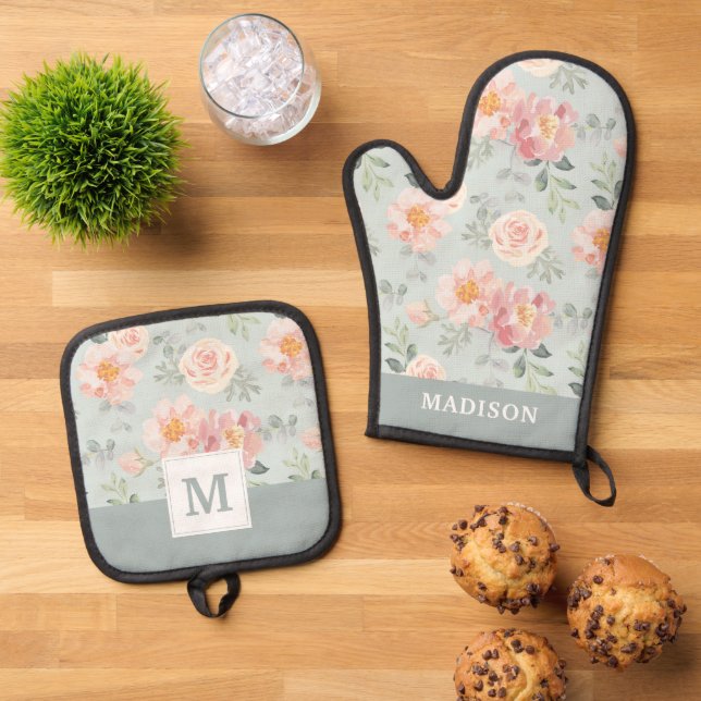 Pink Rose Pastel Garden Pattern Oven Mitt & Pot Holder Set (Top Down)