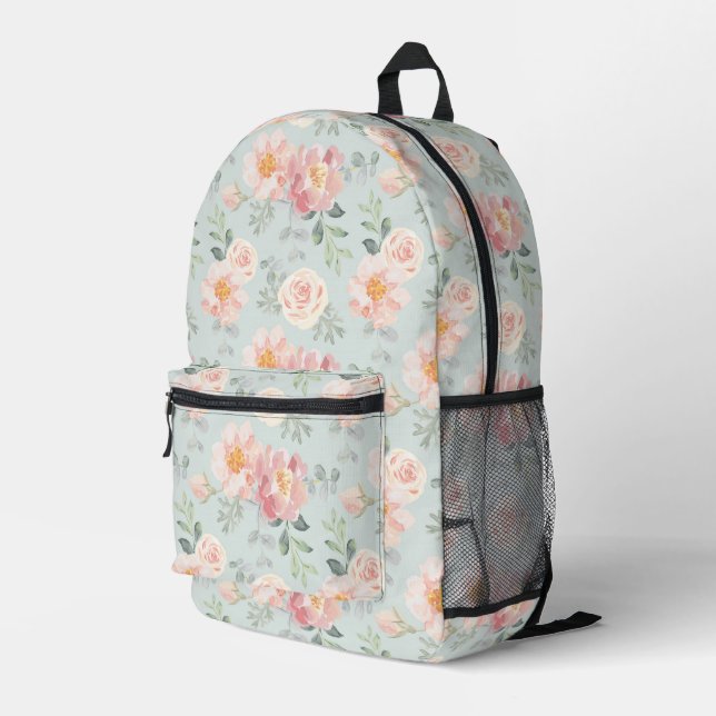 Pink Rose Pastel Garden Pattern Printed Backpack (Back Corner Right)