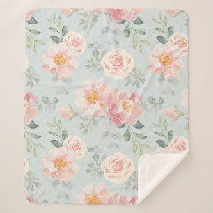 Pink Rose Pastel Garden Pattern Sherpa Blanket