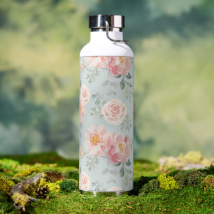 Pink Rose Pastel Garden Pattern Water Bottle