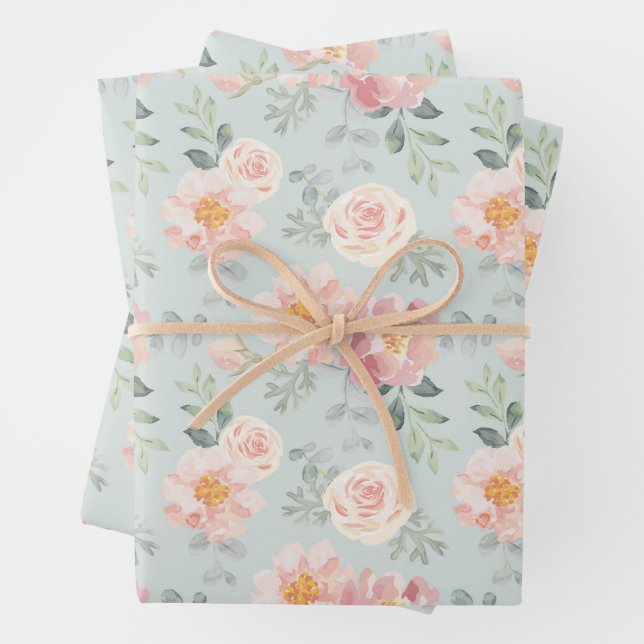 Pink Rose Pastel Garden Pattern Wrapping Paper Sheet (In situ)