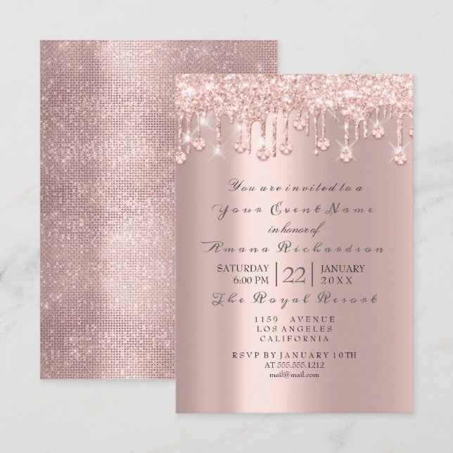 Pink Rose Pastel Powder Spark Glitter Drip Crystal Invitation (Front/Back)