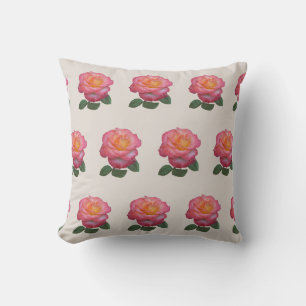 Pink Rose Pattern on Sand Beige Throw Pillow