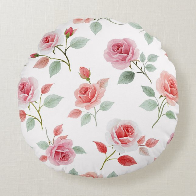Pink Rose Pattern, soft colour, Round Pillow (Front)