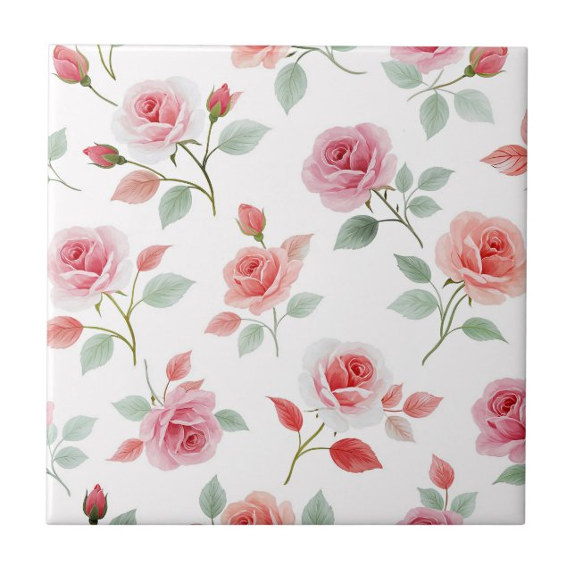 Pink Rose Pattern, soft colour, Tile (Front)
