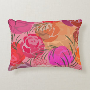 Pink rose pattern with flowers and plants accent pillow