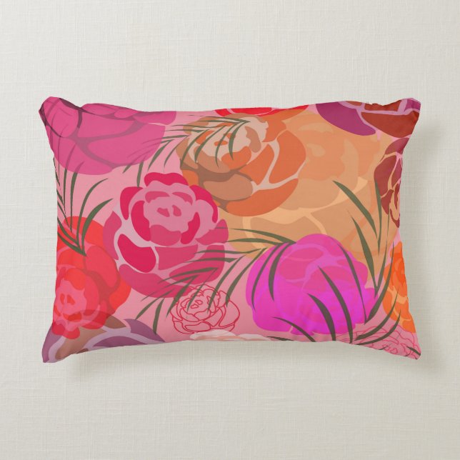 Pink rose pattern with flowers and plants accent pillow (Front)