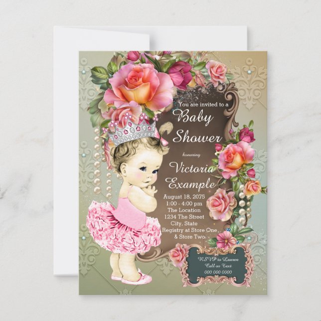 Pink Rose Pearl Tutu Princess Baby Shower Invitation (Front)