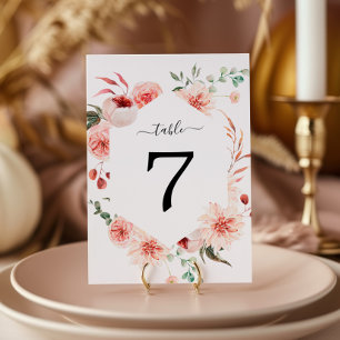 Pink Rose & Peonies Bohemian Wedding Table Number