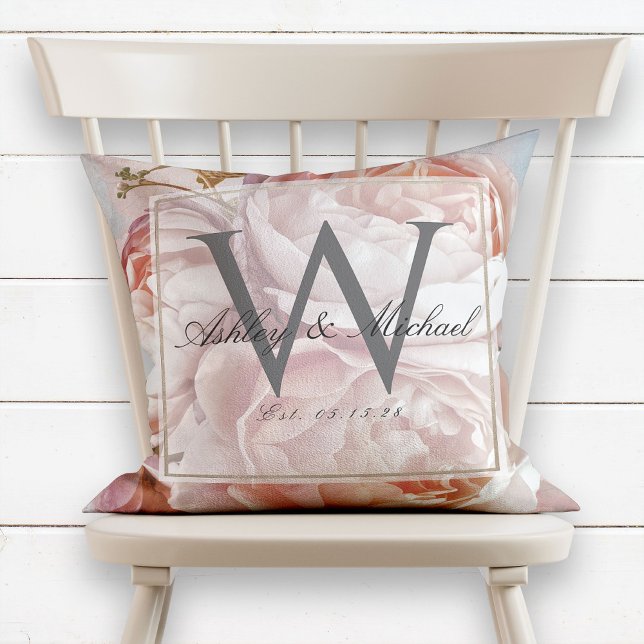 Pink Rose Peony Script Monogram Wedding Keepsake Throw Pillow (Creator Uploaded)