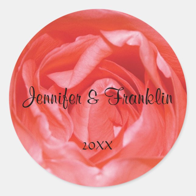 Pink Rose Personalized Round Wedding Sticker (Front)